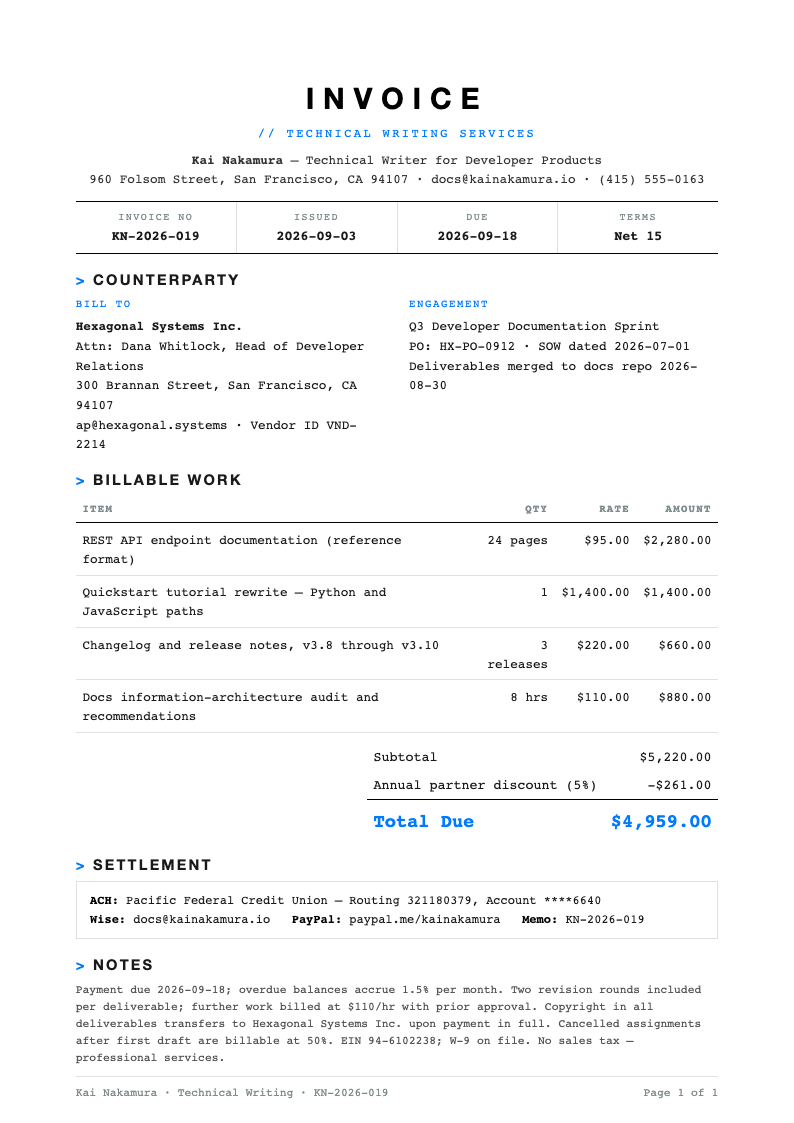 Tech minimalist freelance writer invoice